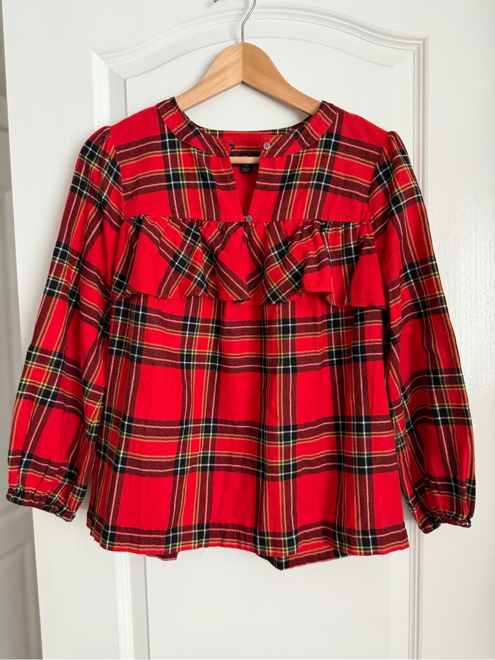 JCREW Red Plaid Flannel Ruffle Long-Sleeve Top